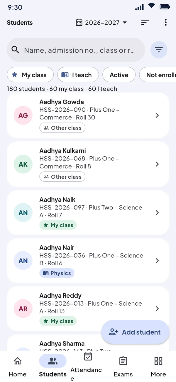 Student list with class, roll number and tags for My class and subjects taught